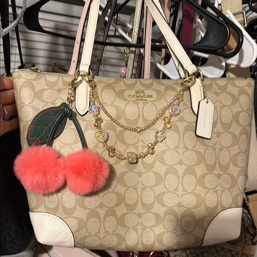Coach Beige and Cream Tote Bag zip top signature canvas style comes with charm
